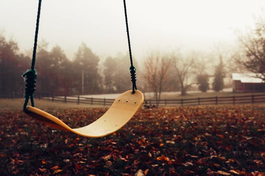 An empty swing set amidst fall leaves and foggy trees in a serene outdoor setting.